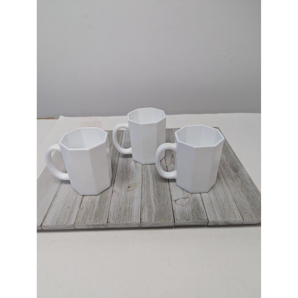 Set of 3 Arcoroc France Octime White Glass Octagon Mugs Coffee